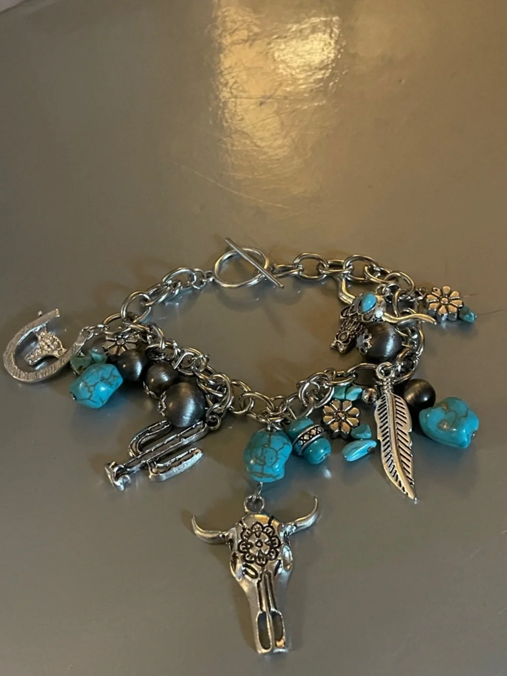 Silver and torquoise fashion charm bracelet - Picture 2 of 2